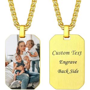 U7 Custom Photo Necklace for Men Women, Stainless Steel Black Gold Color Dog Tag – Personalized Text Engraved Memory Heart/Round Square Shaped Picture Pendant Necklaces Lover Gift Mothers Fathers Day(07.Octagon Tag(gold))