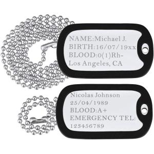 U7 Custom Photo Necklace for Men Women, Stainless Steel Black Gold Color Dog Tag – Personalized Text Engraved Memory Heart/Round Square Shaped Picture Pendant Necklaces Lover Gift Mothers Fathers Day(04.2pcs Dog Tag(stainless)-custom text)