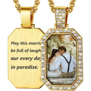 U7 Custom Photo Necklace for Men Women, Stainless Steel Black Gold Color Dog Tag – Personalized Text Engraved Memory Heart/Round Square Shaped Picture Pendant Necklaces Lover Gift Mothers Fathers Day(08.CZ Octagon(gold))