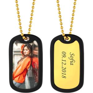 U7 Custom Photo Necklace for Men Women, Stainless Steel Black Gold Color Dog Tag – Personalized Text Engraved Memory Heart/Round Square Shaped Picture Pendant Necklaces Lover Gift Mothers Fathers Day(05.Dog Tag(gold)+silicone silencer)