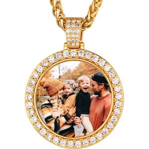 U7 Custom Photo Necklace for Men Women, Stainless Steel Black Gold Color Dog Tag – Personalized Text Engraved Memory Heart/Round Square Shaped Picture Pendant Necklaces Lover Gift Mothers Fathers Day(10.CZ round medal(gold))