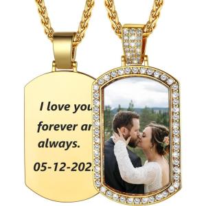 U7 Custom Photo Necklace for Men Women, Stainless Steel Black Gold Color Dog Tag – Personalized Text Engraved Memory Heart/Round Square Shaped Picture Pendant Necklaces Lover Gift Mothers Fathers Day(09.CZ Dog Tag(gold))