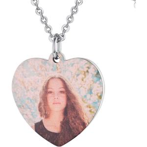 U7 Custom Photo Necklace for Men Women, Stainless Steel Black Gold Color Dog Tag – Personalized Text Engraved Memory Heart/Round Square Shaped Picture Pendant Necklaces Lover Gift Mothers Fathers Day(13.Heart(stainless))