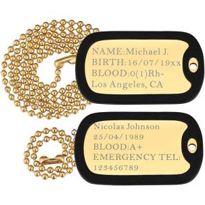 U7 Custom Photo Necklace for Men Women, Stainless Steel Black Gold Color Dog Tag – Personalized Text Engraved Memory Heart/Round Square Shaped Picture Pendant Necklaces Lover Gift Mothers Fathers Day(04.2pcs Dog Tag(gold)-custom text)