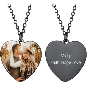 U7 Custom Photo Necklace for Men Women, Stainless Steel Black Gold Color Dog Tag – Personalized Text Engraved Memory Heart/Round Square Shaped Picture Pendant Necklaces Lover Gift Mothers Fathers Day(13.Heart(black))