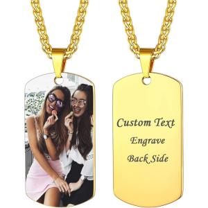 U7 Custom Photo Necklace for Men Women, Stainless Steel Black Gold Color Dog Tag – Personalized Text Engraved Memory Heart/Round Square Shaped Picture Pendant Necklaces Lover Gift Mothers Fathers Day(02.Dog Tag(gold))