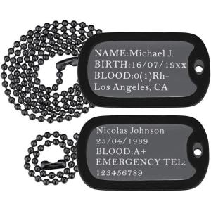 U7 Custom Photo Necklace for Men Women, Stainless Steel Black Gold Color Dog Tag – Personalized Text Engraved Memory Heart/Round Square Shaped Picture Pendant Necklaces Lover Gift Mothers Fathers Day(04.2pcs Dog Tag(black)-custom text)
