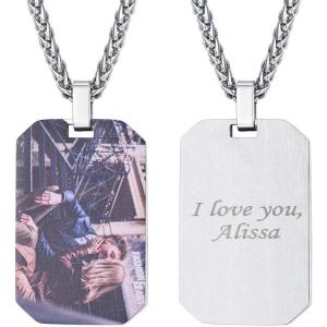 U7 Custom Photo Necklace for Men Women, Stainless Steel Black Gold Color Dog Tag – Personalized Text Engraved Memory Heart/Round Square Shaped Picture Pendant Necklaces Lover Gift Mothers Fathers Day(07.Octagon Tag(stainless))