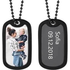 U7 Custom Photo Necklace for Men Women, Stainless Steel Black Gold Color Dog Tag – Personalized Text Engraved Memory Heart/Round Square Shaped Picture Pendant Necklaces Lover Gift Mothers Fathers Day(05.Dog Tag(black)+silicone silencer)