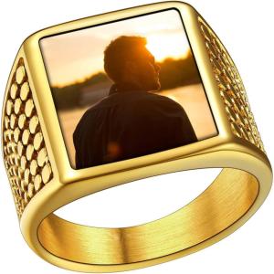 U7 Custom Picture & Text Engraved Ring Stainless Steel 18K Gold Plated Wedding Engagement Heart/Round/Shield/Square Signet Rings Personalized Memory Photo Inside, Gift for Men Women(A5-Square Dot-Gold)