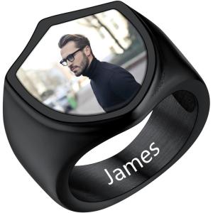 U7 Custom Picture & Text Engraved Ring Stainless Steel 18K Gold Plated Wedding Engagement Heart/Round/Shield/Square Signet Rings Personalized Memory Photo Inside, Gift for Men Women(D-Shield-Black)