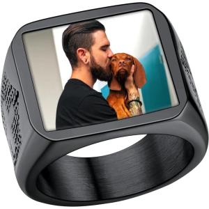 U7 Custom Picture & Text Engraved Ring Stainless Steel 18K Gold Plated Wedding Engagement Heart/Round/Shield/Square Signet Rings Personalized Memory Photo Inside, Gift for Men Women(A3-Square Cross Shield-Black)