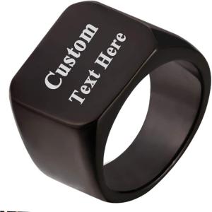 U7 Custom Picture & Text Engraved Ring Stainless Steel 18K Gold Plated Wedding Engagement Heart/Round/Shield/Square Signet Rings Personalized Memory Photo Inside, Gift for Men Women(A2-Square-Black(Text Engrave))
