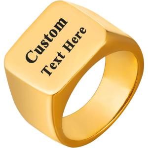 U7 Custom Picture & Text Engraved Ring Stainless Steel 18K Gold Plated Wedding Engagement Heart/Round/Shield/Square Signet Rings Personalized Memory Photo Inside, Gift for Men Women(A2-Square-Gold(Text Engrave))