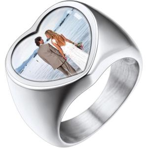 U7 Custom Picture & Text Engraved Ring Stainless Steel 18K Gold Plated Wedding Engagement Heart/Round/Shield/Square Signet Rings Personalized Memory Photo Inside, Gift for Men Women(C-Heart-Stainless Steel)