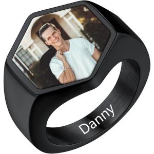 U7 Custom Picture & Text Engraved Ring Stainless Steel 18K Gold Plated Wedding Engagement Heart/Round/Shield/Square Signet Rings Personalized Memory Photo Inside, Gift for Men Women(E-Hexagon-Black)