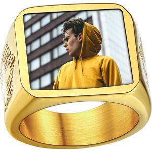 U7 Custom Picture & Text Engraved Ring Stainless Steel 18K Gold Plated Wedding Engagement Heart/Round/Shield/Square Signet Rings Personalized Memory Photo Inside, Gift for Men Women(A3-Square Cross Shield-Gold)