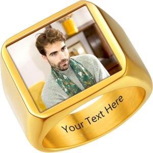 U7 Custom Picture & Text Engraved Ring Stainless Steel 18K Gold Plated Wedding Engagement Heart/Round/Shield/Square Signet Rings Personalized Memory Photo Inside, Gift for Men Women(A1-Square-Gold)