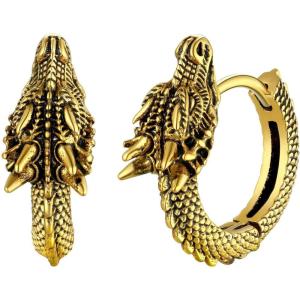 U7 Dragon Earrings Stainless Steel/18K Gold/Black/S925 Sterling Silver Hoop Earrings for Men Women, Personalized Punk Rock Huggie Earrings, Hypoallergenic(01.Dragon-Gold)