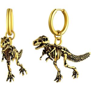 U7 Dragon Earrings Stainless Steel/18K Gold/Black/S925 Sterling Silver Hoop Earrings for Men Women, Personalized Punk Rock Huggie Earrings, Hypoallergenic(03.Tyrannosaurus Rex-Gold)