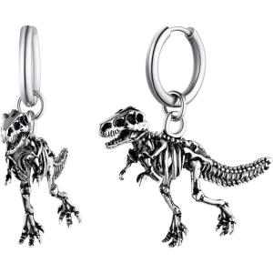 U7 Dragon Earrings Stainless Steel/18K Gold/Black/S925 Sterling Silver Hoop Earrings for Men Women, Personalized Punk Rock Huggie Earrings, Hypoallergenic(03.Tyrannosaurus Rex-Stainless Steel)