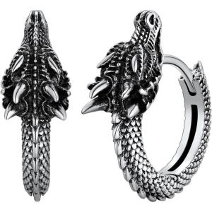 U7 Dragon Earrings Stainless Steel/18K Gold/Black/S925 Sterling Silver Hoop Earrings for Men Women, Personalized Punk Rock Huggie Earrings, Hypoallergenic(02.Dragon-925 Silver)