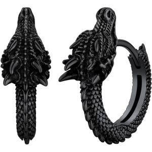 U7 Dragon Earrings Stainless Steel/18K Gold/Black/S925 Sterling Silver Hoop Earrings for Men Women, Personalized Punk Rock Huggie Earrings, Hypoallergenic(02.Dragon-925 Silver Black Plated)