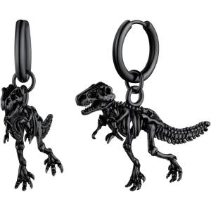 U7 Dragon Earrings Stainless Steel/18K Gold/Black/S925 Sterling Silver Hoop Earrings for Men Women, Personalized Punk Rock Huggie Earrings, Hypoallergenic(03.Tyrannosaurus Rex-Black)