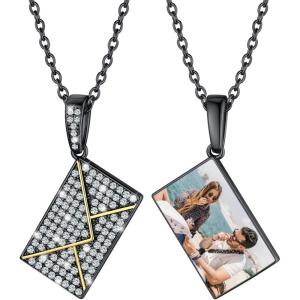U7 Envelope Necklace, Angel Wings Necklaces Stainless Steel Customized Photo & Text Locket Pendant for Men Women, Personalized Picture Jewelry Multiple Styles: Butterfly/Heart/Love Letter(07. CZ Envelope – Black)