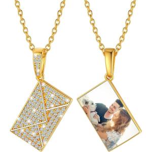 U7 Envelope Necklace, Angel Wings Necklaces Stainless Steel Customized Photo & Text Locket Pendant for Men Women, Personalized Picture Jewelry Multiple Styles: Butterfly/Heart/Love Letter(07. CZ Envelope – Gold)