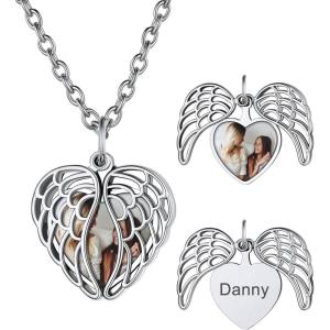 U7 Envelope Necklace, Angel Wings Necklaces Stainless Steel Customized Photo & Text Locket Pendant for Men Women, Personalized Picture Jewelry Multiple Styles: Butterfly/Heart/Love Letter(05. Filigree Wings – Silver)