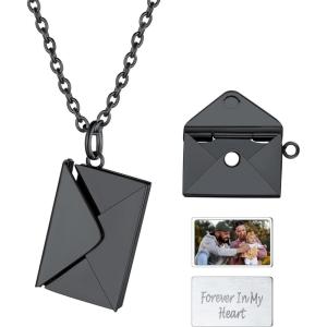 U7 Envelope Necklace, Angel Wings Necklaces Stainless Steel Customized Photo & Text Locket Pendant for Men Women, Personalized Picture Jewelry Multiple Styles: Butterfly/Heart/Love Letter(01. Envelope – Black)