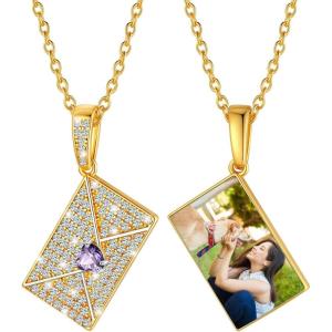 U7 Envelope Necklace, Angel Wings Necklaces Stainless Steel Customized Photo & Text Locket Pendant for Men Women, Personalized Picture Jewelry Multiple Styles: Butterfly/Heart/Love Letter(08. Heart CZ Envelope-Gold)