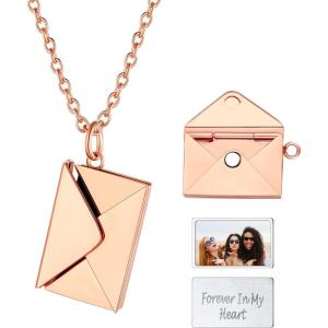 U7 Envelope Necklace, Angel Wings Necklaces Stainless Steel Customized Photo & Text Locket Pendant for Men Women, Personalized Picture Jewelry Multiple Styles: Butterfly/Heart/Love Letter(01. Envelope – Rose Gold)