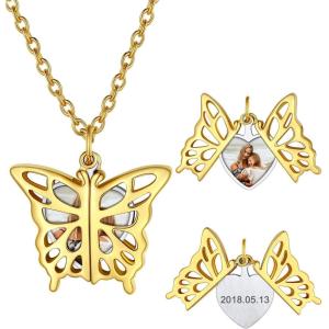 U7 Envelope Necklace, Angel Wings Necklaces Stainless Steel Customized Photo & Text Locket Pendant for Men Women, Personalized Picture Jewelry Multiple Styles: Butterfly/Heart/Love Letter(06. Butterfly – Gold)