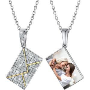 U7 Envelope Necklace, Angel Wings Necklaces Stainless Steel Customized Photo & Text Locket Pendant for Men Women, Personalized Picture Jewelry Multiple Styles: Butterfly/Heart/Love Letter(07. CZ Envelope – Silver)