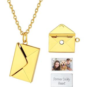 U7 Envelope Necklace, Angel Wings Necklaces Stainless Steel Customized Photo & Text Locket Pendant for Men Women, Personalized Picture Jewelry Multiple Styles: Butterfly/Heart/Love Letter(01. Envelope – Gold)