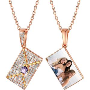 U7 Envelope Necklace, Angel Wings Necklaces Stainless Steel Customized Photo & Text Locket Pendant for Men Women, Personalized Picture Jewelry Multiple Styles: Butterfly/Heart/Love Letter(08. Heart CZ Envelope-Rose Gold)