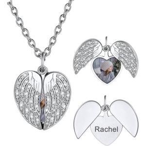 U7 Envelope Necklace, Angel Wings Necklaces Stainless Steel Customized Photo & Text Locket Pendant for Men Women, Personalized Picture Jewelry Multiple Styles: Butterfly/Heart/Love Letter(03. CZ Wings – Silver)