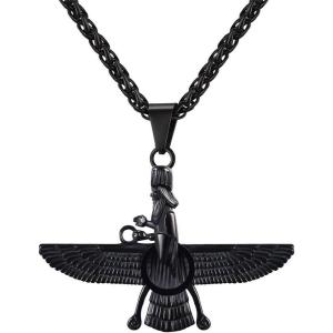 U7 Farvahar Pendant Chain Stainless/Black Gun/18K Gold Plated Symbol Iran Persian Gift Necklace, Customizable(Farvahar black)