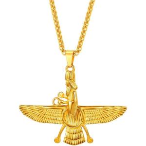 U7 Farvahar Pendant Chain Stainless/Black Gun/18K Gold Plated Symbol Iran Persian Gift Necklace, Customizable(Farvahar gold)