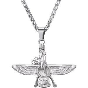 U7 Farvahar Pendant Chain Stainless/Black Gun/18K Gold Plated Symbol Iran Persian Gift Necklace, Customizable(Farvahar silver)