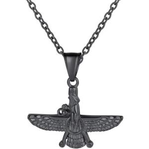 U7 Farvahar Pendant Chain Stainless/Black Gun/18K Gold Plated Symbol Iran Persian Gift Necklace, Customizable(Small Farvahar Black)