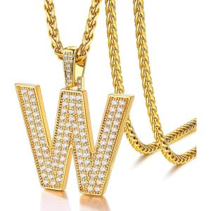U7 Gold Initial Number Necklace for Men Women, 18K Gold/Silver Plated Diamond CZ Letter Pendant Necklace Big A-Z 0-9 Hip Hop Jersey, Customerized Letter Wheat Chain 22 Inch for Athletes Rappers(W-Gold)