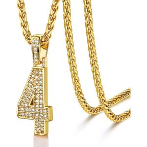 U7 Gold Initial Number Necklace for Men Women, 18K Gold/Silver Plated Diamond CZ Letter Pendant Necklace Big A-Z 0-9 Hip Hop Jersey, Customerized Letter Wheat Chain 22 Inch for Athletes Rappers(4-Gold)