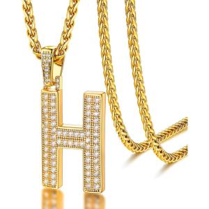 U7 Gold Initial Number Necklace for Men Women, 18K Gold/Silver Plated Diamond CZ Letter Pendant Necklace Big A-Z 0-9 Hip Hop Jersey, Customerized Letter Wheat Chain 22 Inch for Athletes Rappers(H-Gold)