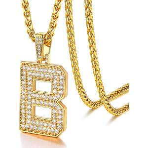 U7 Gold Initial Number Necklace for Men Women, 18K Gold/Silver Plated Diamond CZ Letter Pendant Necklace Big A-Z 0-9 Hip Hop Jersey, Customerized Letter Wheat Chain 22 Inch for Athletes Rappers(B-Gold)
