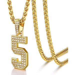 U7 Gold Initial Number Necklace for Men Women, 18K Gold/Silver Plated Diamond CZ Letter Pendant Necklace Big A-Z 0-9 Hip Hop Jersey, Customerized Letter Wheat Chain 22 Inch for Athletes Rappers(5-Gold)