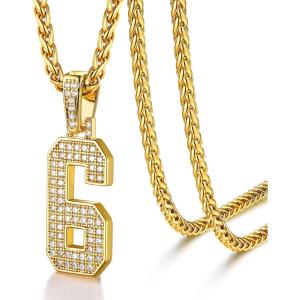 U7 Gold Initial Number Necklace for Men Women, 18K Gold/Silver Plated Diamond CZ Letter Pendant Necklace Big A-Z 0-9 Hip Hop Jersey, Customerized Letter Wheat Chain 22 Inch for Athletes Rappers(6-Gold)
