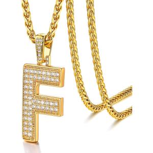U7 Gold Initial Number Necklace for Men Women, 18K Gold/Silver Plated Diamond CZ Letter Pendant Necklace Big A-Z 0-9 Hip Hop Jersey, Customerized Letter Wheat Chain 22 Inch for Athletes Rappers(F-Gold)
